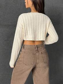 Muchica Cable Knit Drop Shoulder Crop Sweater - Apricot - View 2
