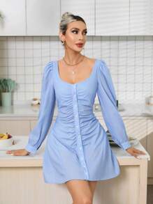 Aveloria Scoop Neck Ruched Button Front Dress Fall Cloth For Women