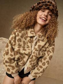 In My Nature In My Nature Leopard Print Drop Shoulder Flap Pocket Teddy Jacket