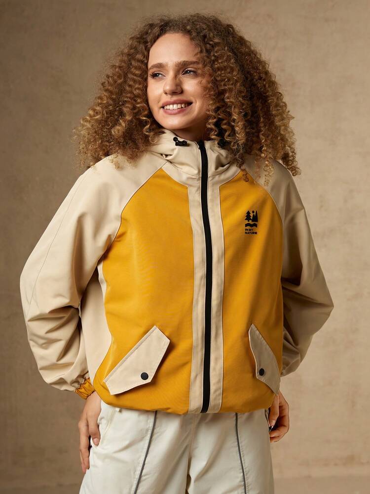 Letter Graphic Colorblock Raglan Sleeve Hooded Jacket