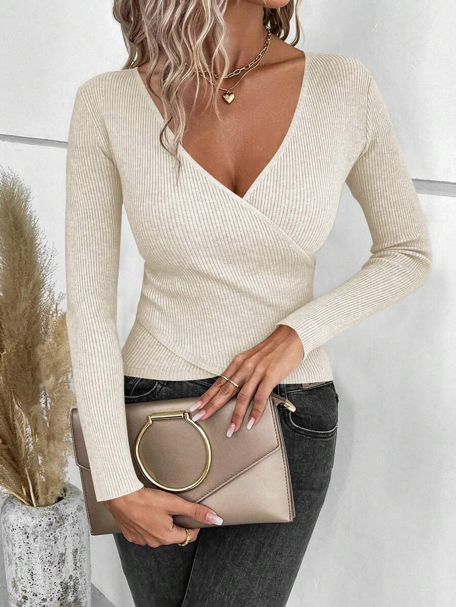 SHEIN Clasi Solid Wrap Cross Ribbed Knit Sweater,Long Sleeve Tops In Fall/Winter - Camel - View 1