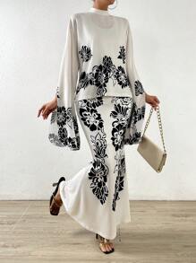 Chiquease Floral Print Mock Neck Split Sleeve Top & Mermaid Hem Skirt - White - View 2