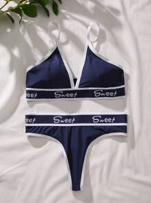 字母圖形對比邊緣胸圍及內褲套裝，內衣套裝運動風格 - 寶藍色 - 查看 6