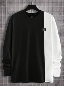 GENTILAND Hombres Camiseta de dos tonos con diseño de parche de letra - Negro - Ver 5