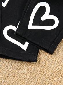 Baby Girl Heart Print Elastic Waist Jeans - Black - View 8