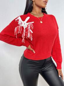 Zolique Graphic Pattern Drop Shoulder Sweater Knit Pullover Fall Winter Outfit - Red - View 1