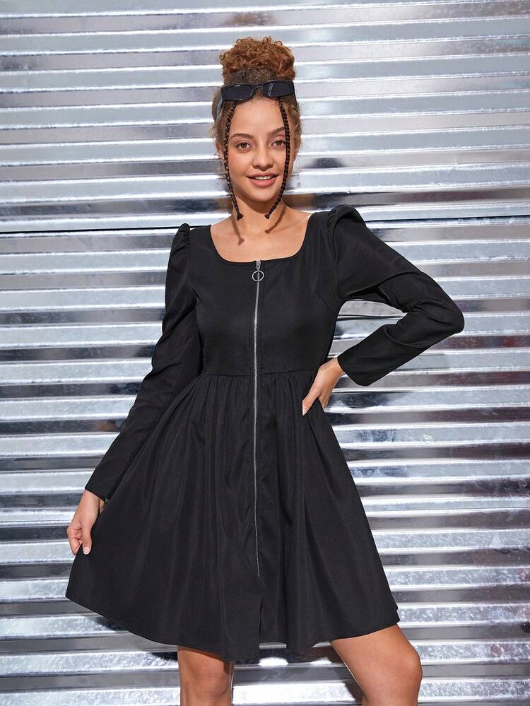 Teen Girls' Solid Color Square Neck Zippered Long Sleeve Dress