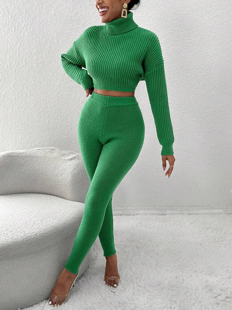 Turtleneck Drop Shoulder Crop Sweater & Knit Pants
