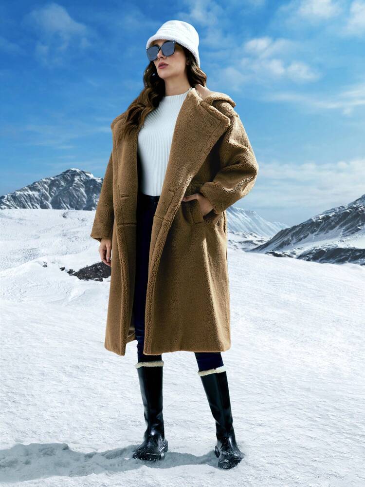 Lapel Neck Drop Shoulder Fuzzy Coat