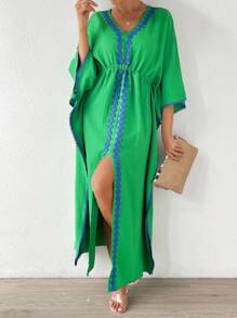Chiquease Contrast Trim Batwing Sleeve Split Thigh Dress - Green - View 5