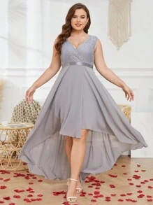 Plus Lace Panel High Low Bridesmaid Dress - Grey - View 1