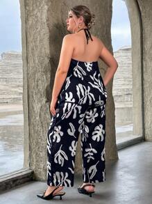 SHEIN Privé 休閒後系帶植物 全身印花大碼兩件套裝