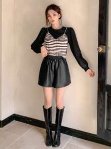 DAZY 素色PU皮革闊腿短褲 - 黑色 - 查看 6