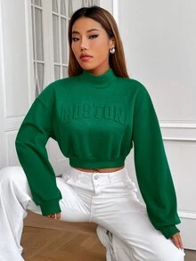 Muchica 字母刺繡小高領落肩袖短款運動衫 - 綠色 - 查看 7