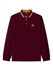 Manfinity Men Horse Print Striped Trim Polo Shirt - Burgundy - View 3