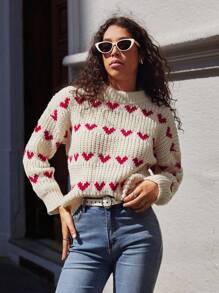 SHEIN Unity Pullover mit Herzmuster und Dropped Shoulder, Langarm Strickpullover für Herbst und Winter - Beige - Übersicht 1