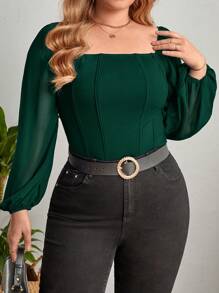 SHEIN Privé Plus Square Neck Lantern Sleeve Top - Dark Green - View 5