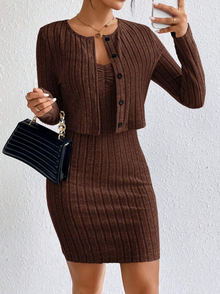SHEIN Essnce Solid Button Front Cami Bodycon Dress & Jacket - Coffee Brown - View 1