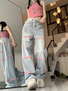 Letter Graphic Wide Leg Jeans - Pink - View 6