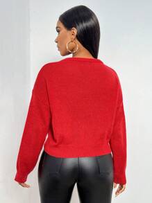 Zolique Graphic Pattern Drop Shoulder Sweater Knit Pullover Fall Winter Outfit - Red - View 2