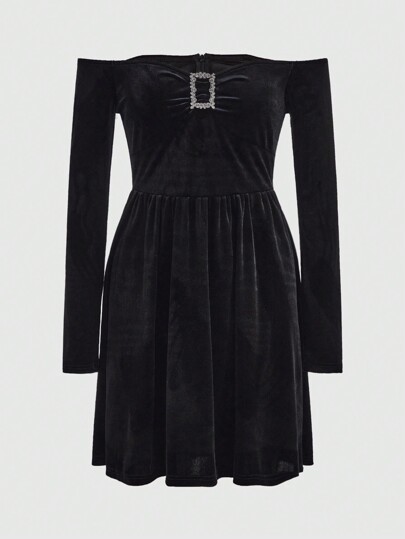 Goth Kleid mit schulterfrei Strass, Schnalle Detail, Samt