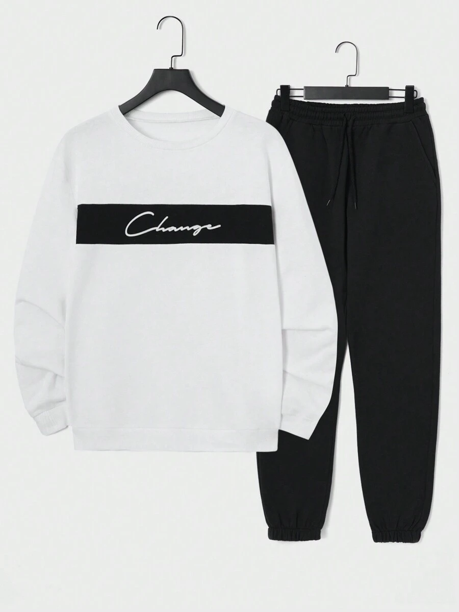 EURMUSE Men Letter Graphic Sweatshirt & Drawstring Waist Sweatpants - Black and White - View 1