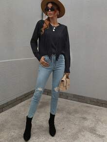 SHEIN Unity Fringe Trim Sweater - Black - View 5