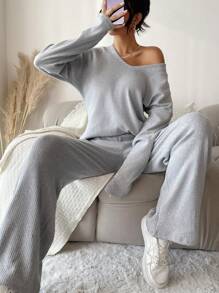 Áo thun Thả vai & Quần - Xám - Xem 3