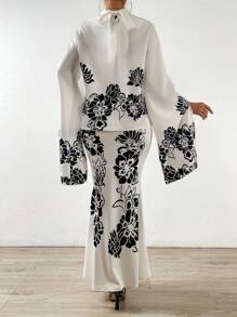Chiquease Floral Print Mock Neck Split Sleeve Top & Mermaid Hem Skirt - White - View 3