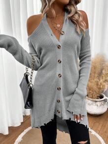 SHEIN LUNE Cold Shoulder Button Front Cold Shoulder Distressed Cardigan - Light Grey - View 1