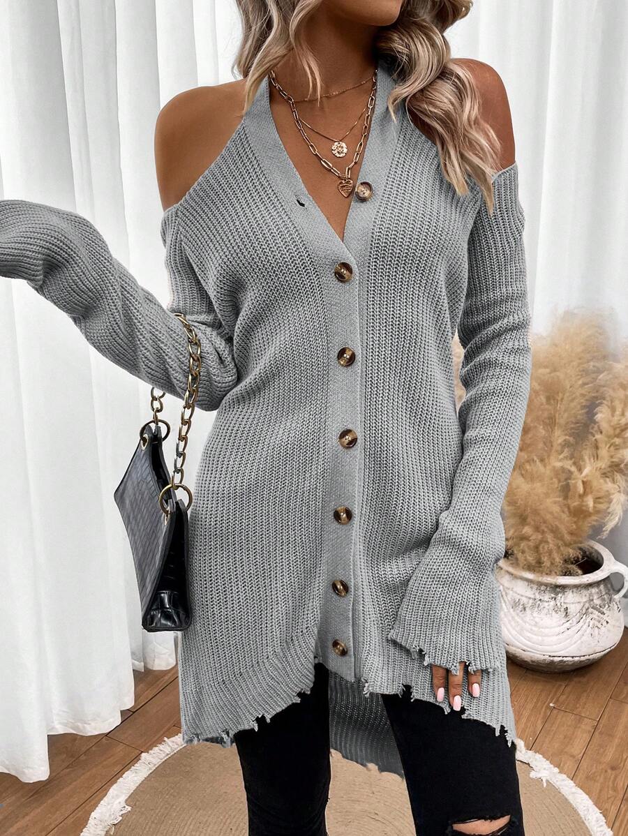 SHEIN LUNE Cold Shoulder Button Front Cold Shoulder Distressed Cardigan - Light Grey - View 1