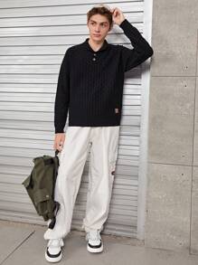 SHEIN Teen Boy Button Half Placket Ribbed Knit Sweater - Black - View 4