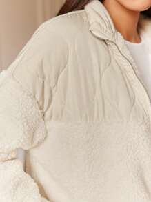SHEIN Frenchy 落肩 O 形环拉链泰迪填充大衣 - 白色 - 查看 5