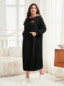 Mulvari Plus Size Letter Patched Pocket Drawstring Hooded Sweatshirt Dress In Fall/Winter - Black - View 2