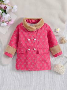 女嬰字母圖案羊絨領口雙排釦外套 - 粉色 - 查看 1