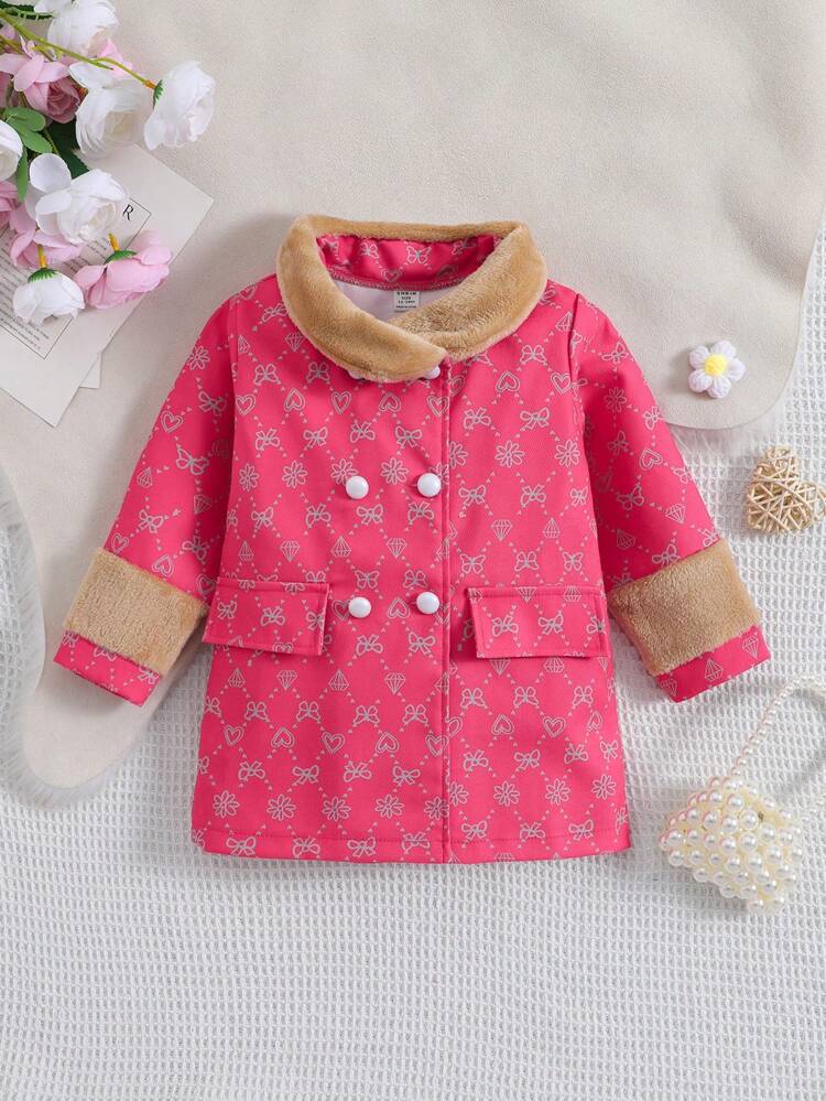 Baby Girl Letter Graphic Borg Collar Double Breasted Coat
