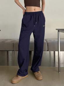 DAZY Embroidery Letter Pattern Drawstring Waist Slant Pocket Sweatpants,Women Joggers - Navy Blue - View 6