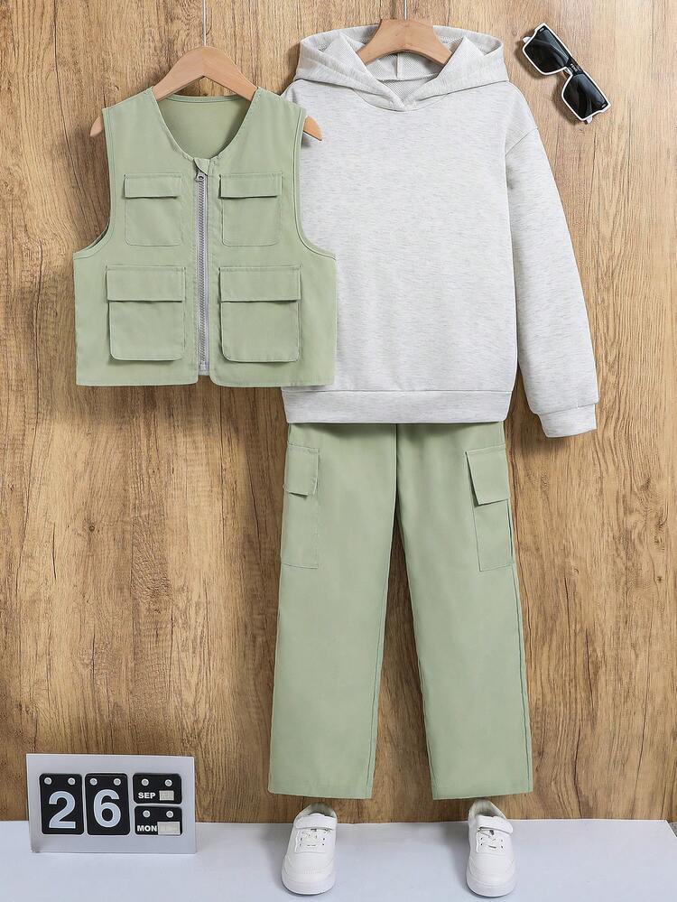 Tween Boy 1pc Hoodie & 1pc Flap Pocket Vest Jacket & 1pc Cargo Pants