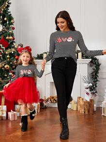 SHEIN Young Girl Knitted Striped Christmas Pattern Patchwork Woven Mesh Dress - Mommy And Me Matching Outfits, 2 Pieces Sold Separately - Multicolor - View 1