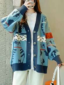 Alicedudu 女士休闲宽松落肩招财猫开衫，秋冬