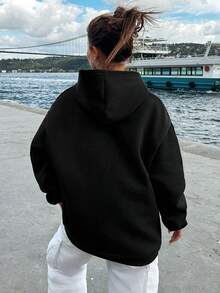 Cottnline Letter Graphic Kangaroo Pocket Drop Shoulder Hoodie - Black - View 2