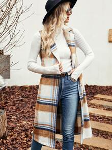 SHEIN Essnce Striped Print Lapel Collar Vest Overcoat - Khaki - View 5