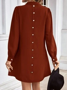 SHEIN LUNE Notch Neck Button Back Dress - Rust Brown - View 1