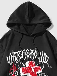 ROMWE MEN Grunge Punk Men Japanese Letter Graphic Drawstring Hoodie - Black - View 3