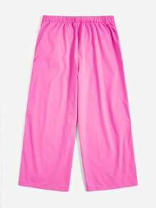 SHEIN EZwear Plus Letter Patched Detail Contrast Tape Split Hem Wide Leg Pants - Pink - View 2