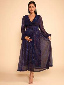 SHEIN Thai sản Cổ Lao Tay áo lồng đèn Váy sequin - Màu tím - Xem 5