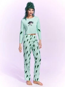 The Powerpuff Girls | ROMWE Women's Cartoon Printed Pajama Set - Green - View 5