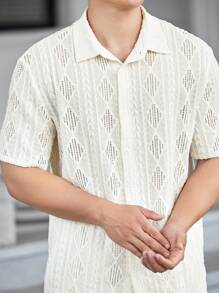 Manfinity VCAY Men Solid Button Up Shirt Baggy Short Sleeve Crochet Collar Plain White Vacation Shirt - White - View 5