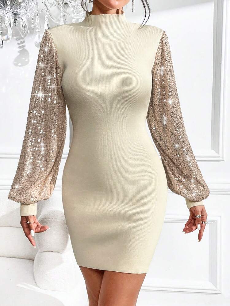 Contrast Sequin Lantern Sleeve Mock Neck Sweater Dress Fall Cloth For Women