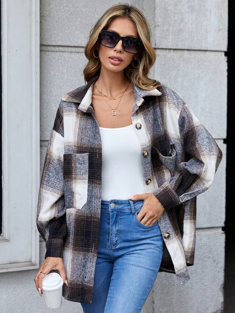 Plaid Print Drop Shoulder Pocket Patched Overcoat